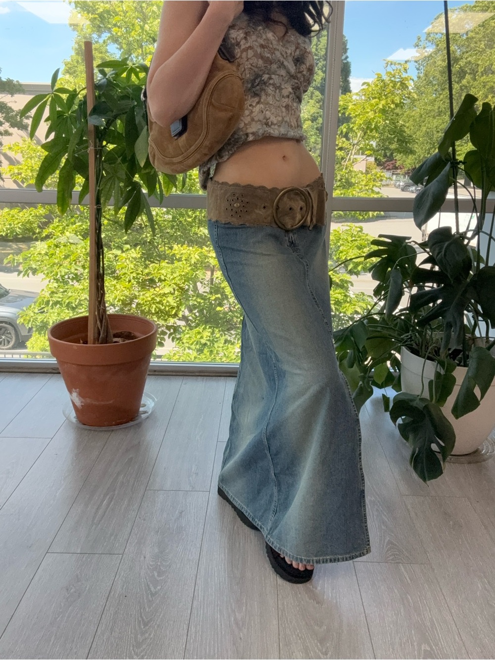 Y2K boho ANGELS belted denim Maxi Skirt